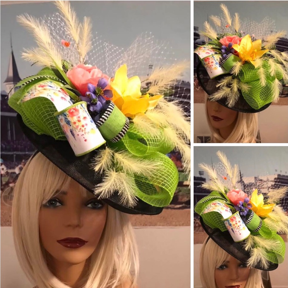 Black Sinamay Fascinator Hat with Lime Green and Yellow Floral Accents